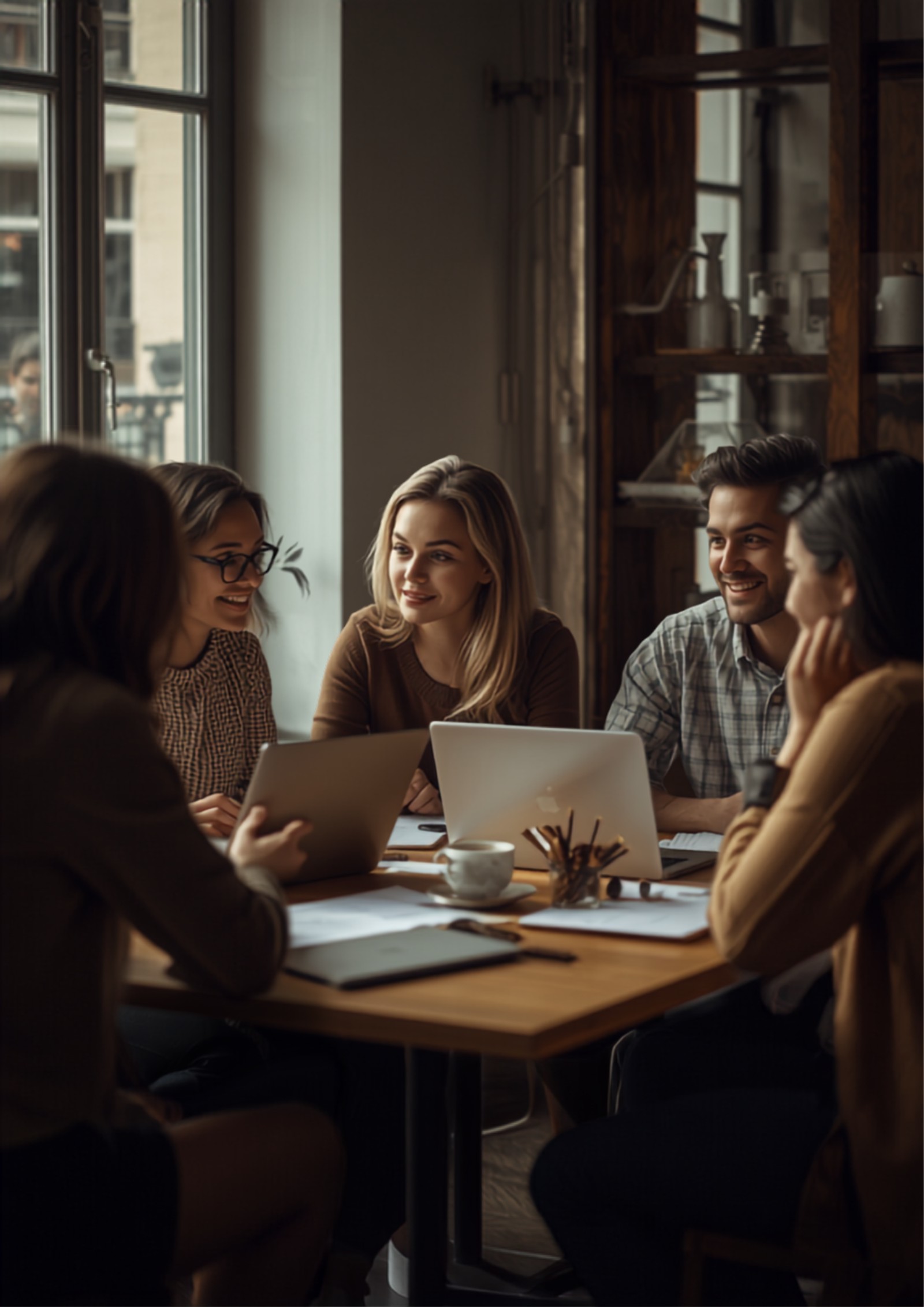 Petit groupe de participants souriants autour d'une table en bois avec ordinateurs portables et tasses de café, dans un espace de coworking lumineux
