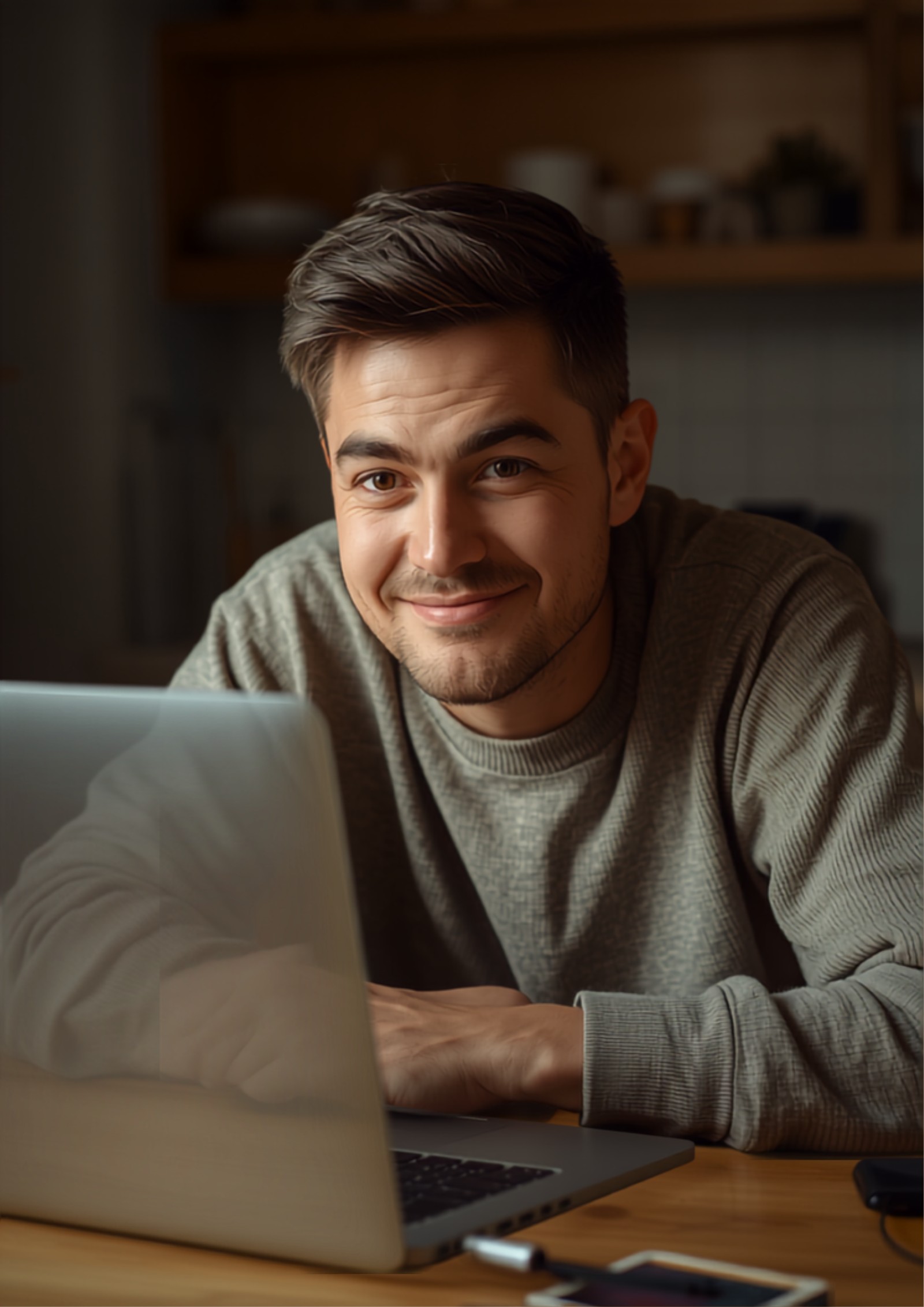 Homme souriant assis à une table en bois chez lui, devant son ordinateur portable en lumière naturelle
