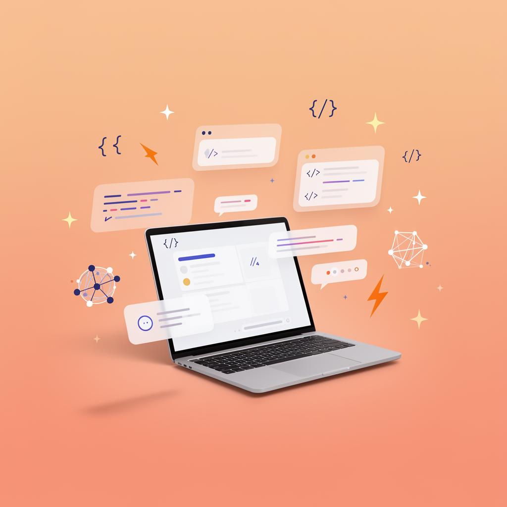 Illustration d'un espace de travail numérique avec un ordinateur portable et des icônes d'outils d'IA